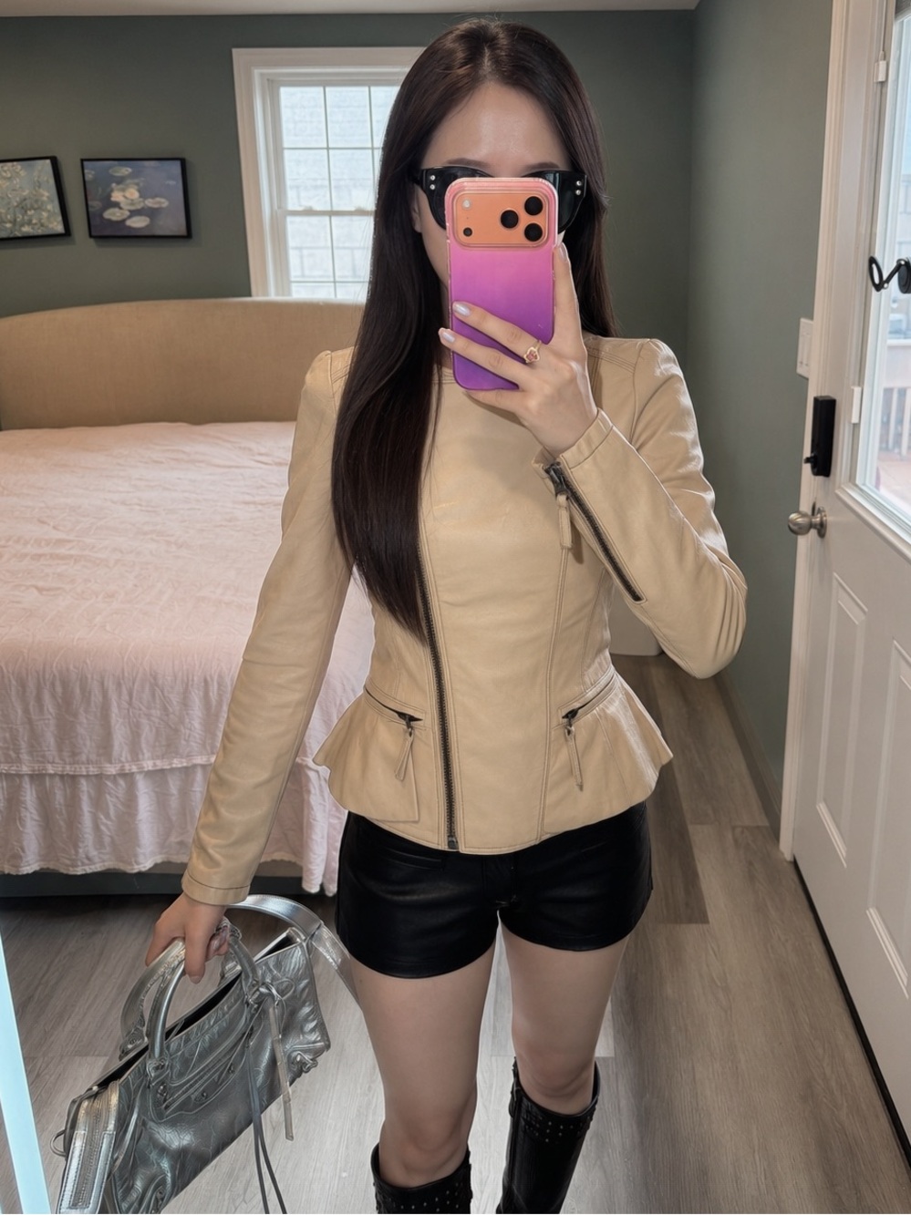 ZARA BASIC Genuine Lambskin Leather Jacket XS Beige Peplum Moto Y2K